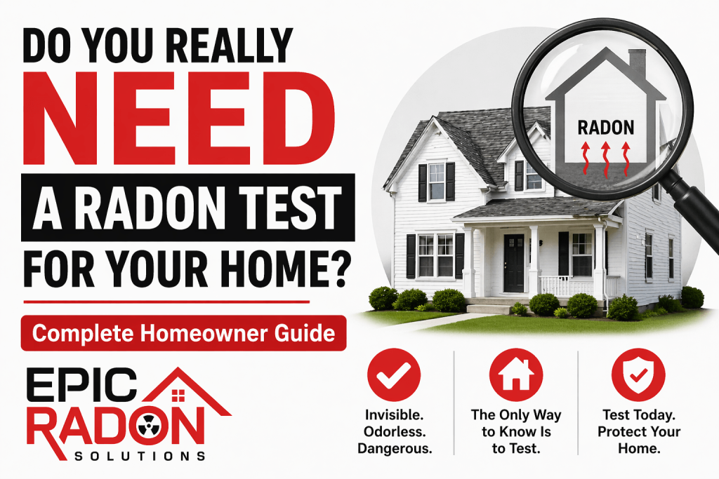 Radon test for home illustration showing house with magnifier detecting invisible radon gas and text asking if homeowners need radon testing